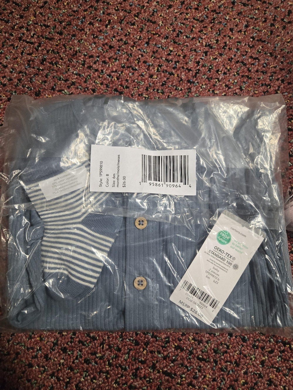 Blue Ribbed Button-Up Top with Striped Socks